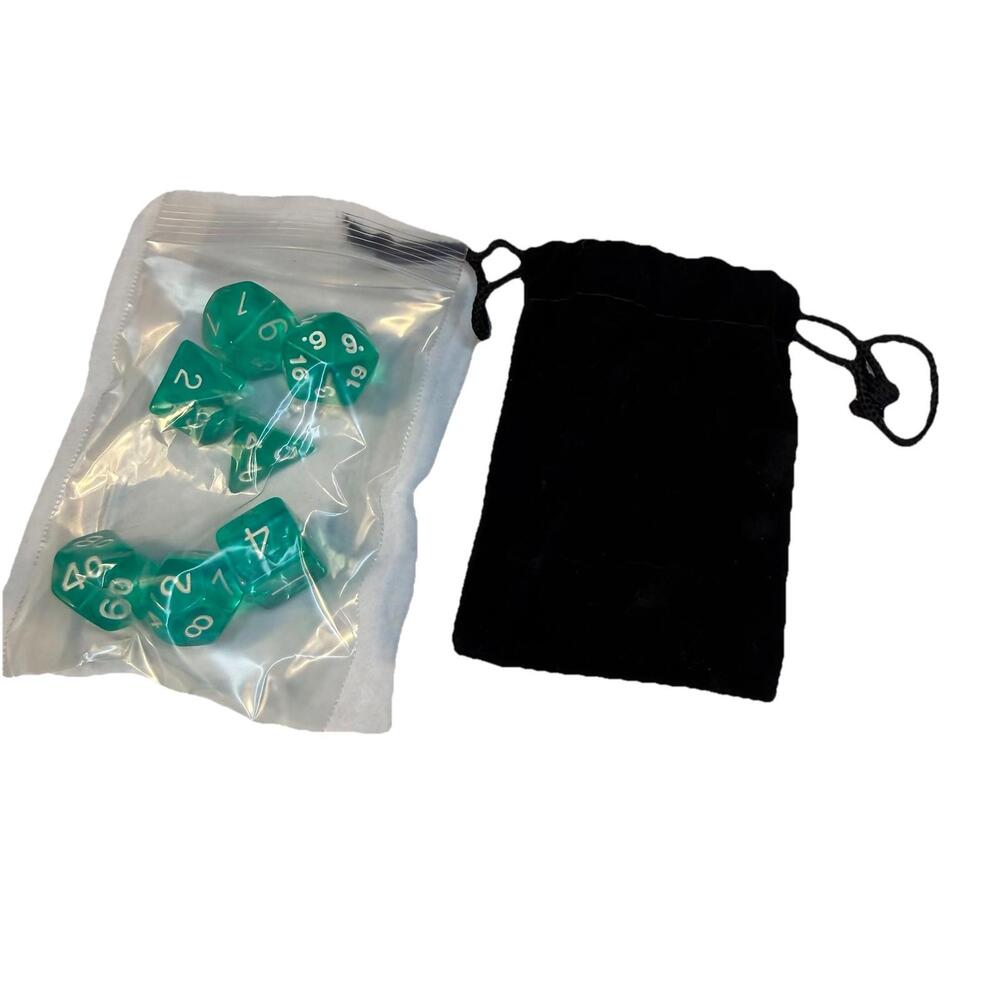 New 7 Piece Polyhedral translucent Teal W/ White Number Dice Set & Bag /  D&D